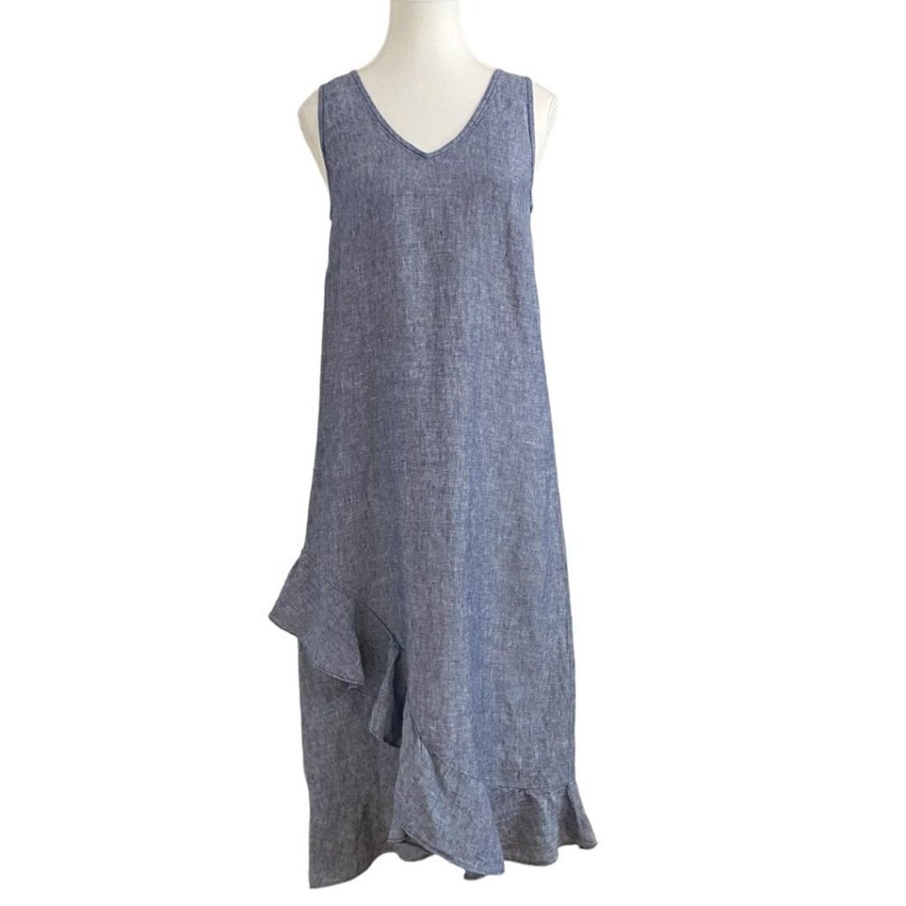LORD & TAYLOR 100% LINEN BLUE CHAMBRAY SLEEVELESS V-NECK MAXI DRESS - XS - Picture 2 of 9